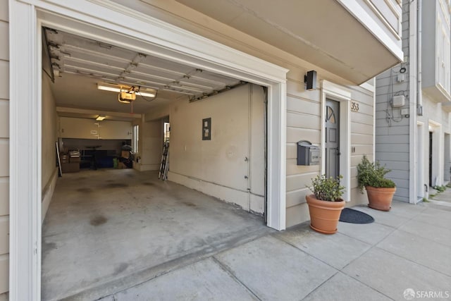 garage with a garage door opener