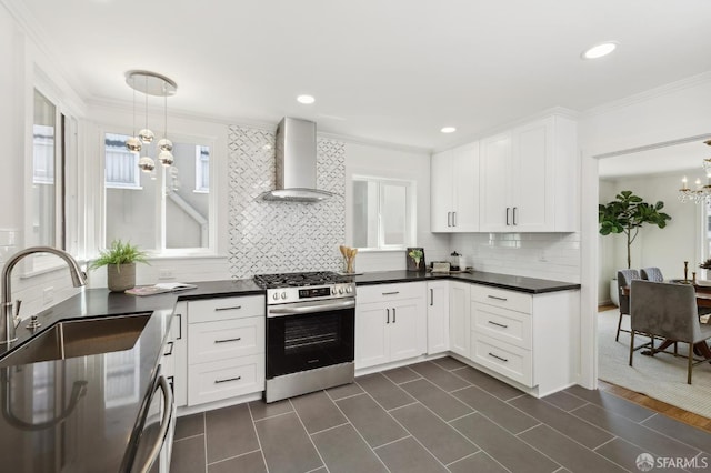 1944 15th Ave, San Francisco, CA 94116 - kitchen featuring stainless steel range with gas stovetop, wall chimney range hood, a sink, decorative backsplash, and dark countertops