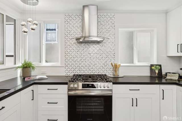 1944 15th Ave, San Francisco, CA 94116 - kitchen with gas stove, wall chimney exhaust hood, dark countertops, tasteful backsplash, and crown molding