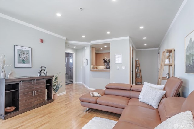 living room with light wood-type flooring and crown molding