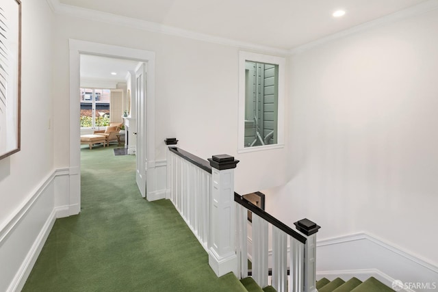 corridor with ornamental molding and dark carpet