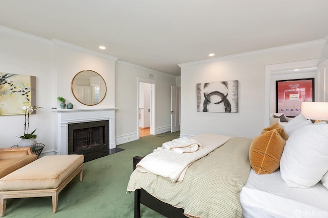 bedroom with crown molding and carpet flooring