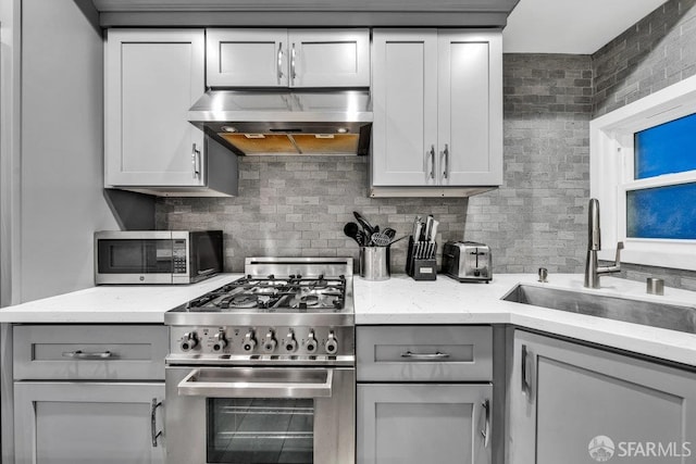 3014 Pine St Unit A, San Francisco, CA 94115 - kitchen with appliances with stainless steel finishes, extractor fan, a sink, gray cabinetry, and backsplash