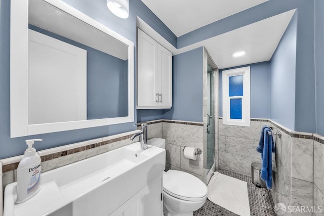 3014 Pine St Unit A, San Francisco, CA 94115 - full bath with tile walls, toilet, vanity, a wainscoted wall, and tiled shower