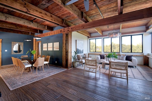 living room with wood ceiling, beamed ceiling, dark hardwood / wood-style floors, and track lighting