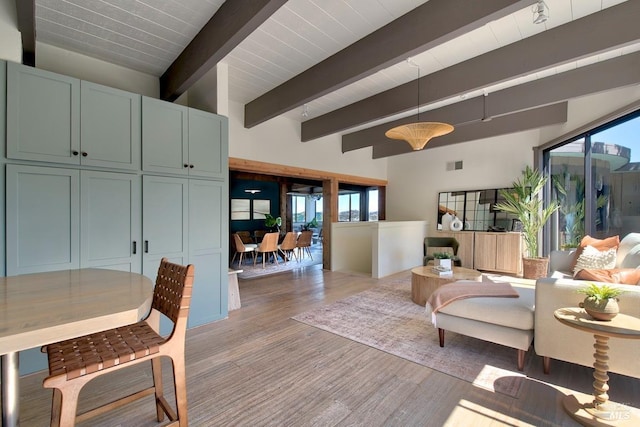 living room featuring beam ceiling and wood-type flooring