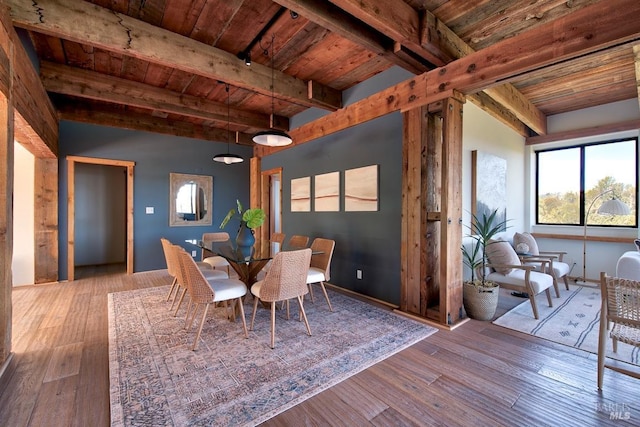 dining room with beam ceiling, wooden ceiling, and wood-type flooring