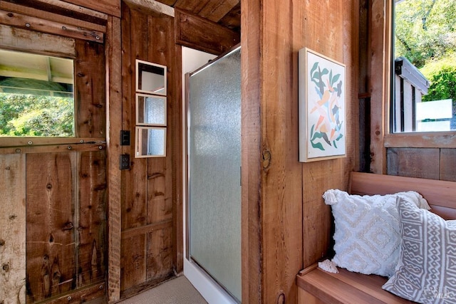 bathroom featuring wooden walls