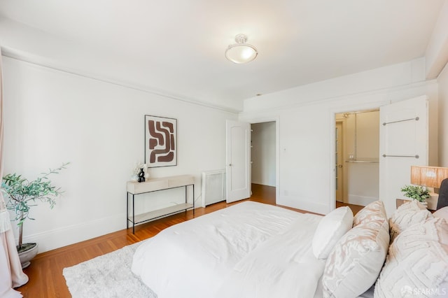 bedroom featuring a closet, wood-type flooring, and a walk in closet