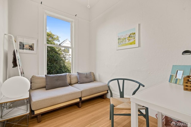 sitting room featuring a textured wall and light wood-type flooring