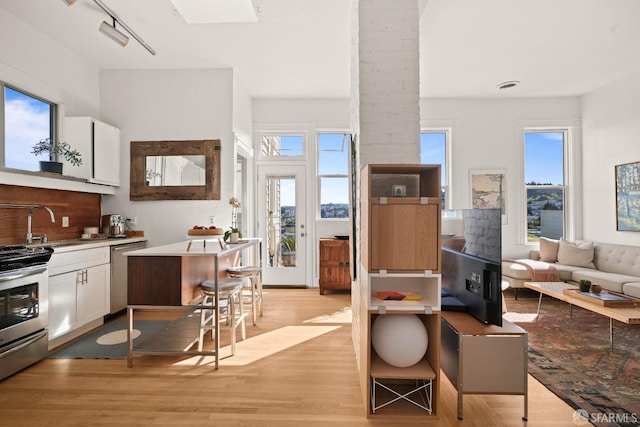 interior space featuring light wood finished floors, tasteful backsplash, appliances with stainless steel finishes, white cabinets, and a sink