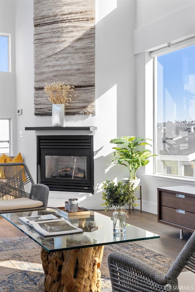 living room featuring hardwood / wood-style floors, a healthy amount of sunlight, and a high ceiling