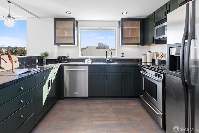 kitchen featuring stainless steel appliances, sink, a wealth of natural light, and dark hardwood / wood-style flooring