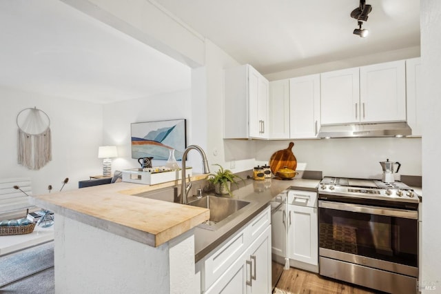 148 Larkspur Plaza Dr, Larkspur, CA 94939 - kitchen with under cabinet range hood, stainless steel gas range, a peninsula, white cabinetry, and a sink