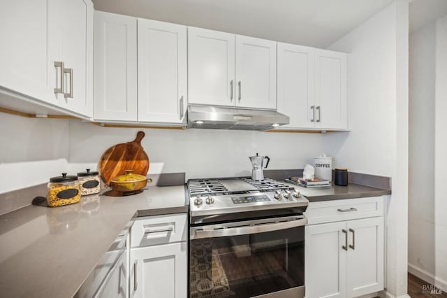 148 Larkspur Plaza Dr, Larkspur, CA 94939 - kitchen with stainless steel gas range, under cabinet range hood, and white cabinetry