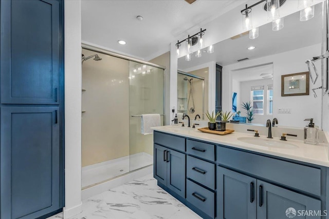 114 Emerald Cove Ter, San Francisco, CA 94134 - full bathroom with double vanity, a shower stall, marble look tiles, and recessed lighting