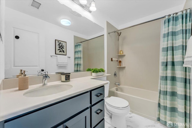 114 Emerald Cove Ter, San Francisco, CA 94134 - bathroom with toilet, vanity, shower / tub combo with curtain, and marble finish floors