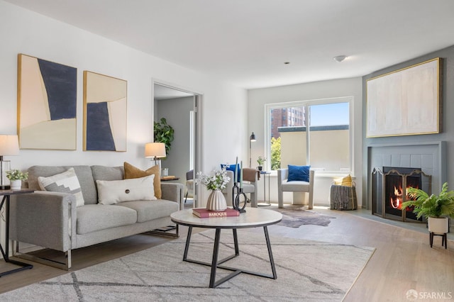 389 Belmont St Unit 306, Oakland, CA 94610 - living room featuring wood finished floors and a fireplace with flush hearth