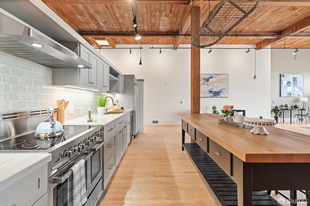 355 Bryant St Unit 411, San Francisco, CA 94107 - kitchen with double oven range, a wooden ceiling with exposed beams, butcher block counters, rail lighting, and light wood-style floors