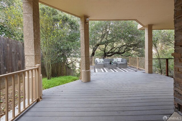 110 Sheridan Rd, Oakland, CA 94618 - wooden terrace featuring an outdoor living space and fence