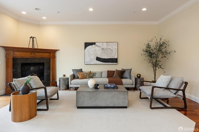 110 Sheridan Rd, Oakland, CA 94618 - living room with wood finished floors, crown molding, recessed lighting, baseboards, and a high end fireplace