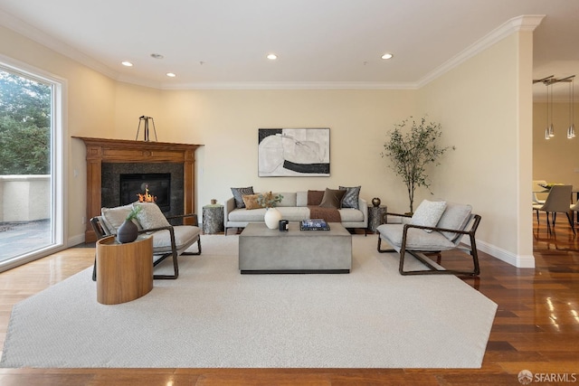 110 Sheridan Rd, Oakland, CA 94618 - living area with wood finished floors, crown molding, recessed lighting, a premium fireplace, and baseboards