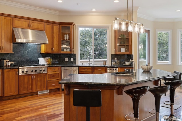 110 Sheridan Rd, Oakland, CA 94618 - kitchen with under cabinet range hood, a sink, brown cabinets, appliances with stainless steel finishes, and recessed lighting