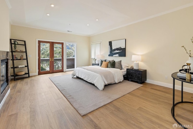 110 Sheridan Rd, Oakland, CA 94618 - bedroom with french doors, crown molding, baseboards, light wood finished floors, and access to outside
