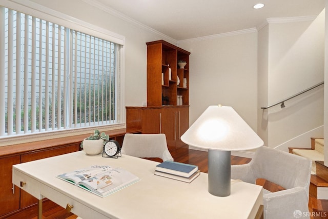 110 Sheridan Rd, Oakland, CA 94618 - home office with crown molding, recessed lighting, wood finished floors, and plenty of natural light