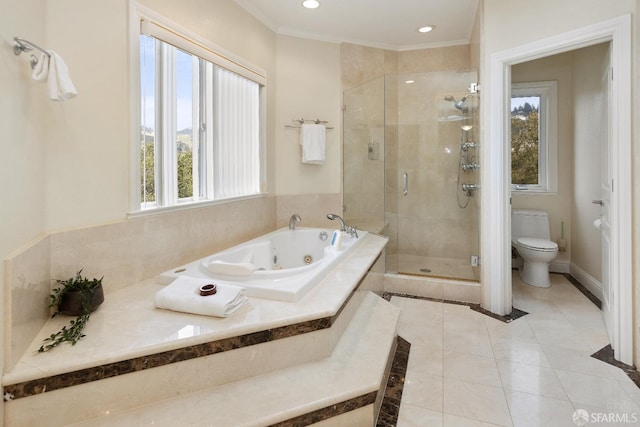 110 Sheridan Rd, Oakland, CA 94618 - bathroom with a shower stall, tile patterned flooring, a jetted tub, toilet, and inlaid floor details