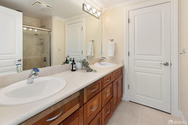 110 Sheridan Rd, Oakland, CA 94618 - full bathroom featuring a shower with door, tile patterned flooring, double vanity, and ornamental molding