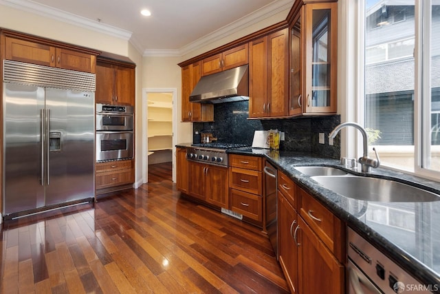 110 Sheridan Rd, Oakland, CA 94618 - kitchen featuring stainless steel appliances, under cabinet range hood, a sink, dark wood finished floors, and ornamental molding