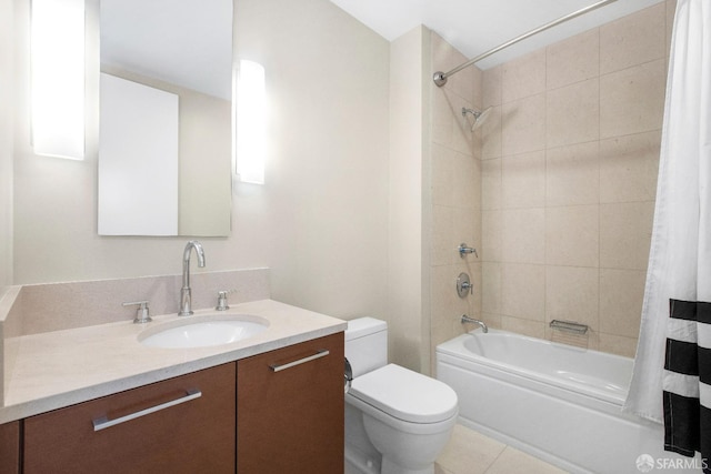 full bathroom with shower / tub combo with curtain, tile patterned floors, vanity, and toilet