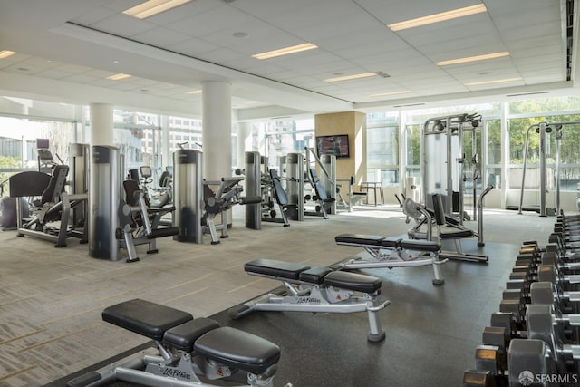 exercise room with a drop ceiling