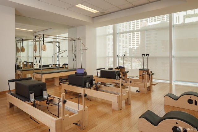 workout area featuring light wood-type flooring and a paneled ceiling