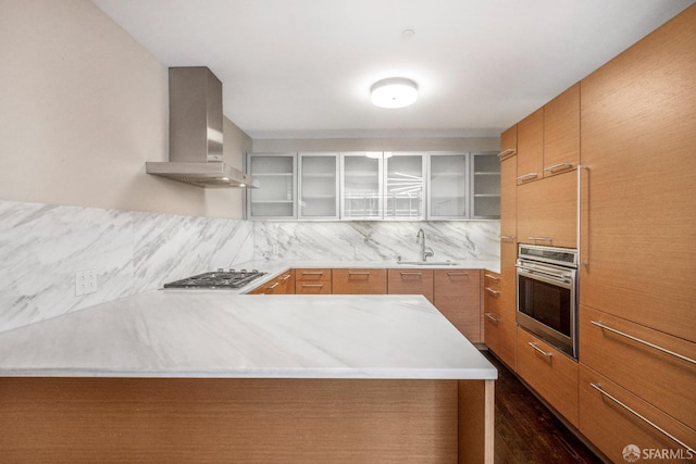 kitchen featuring sink, kitchen peninsula, wall chimney range hood, stainless steel appliances, and decorative backsplash