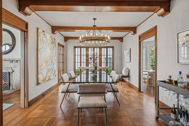 dining room featuring a chandelier, crown molding, baseboards, and beam ceiling