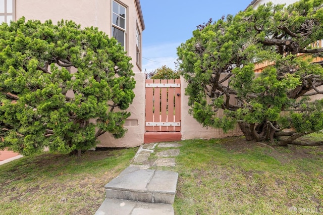 view of gate with a lawn