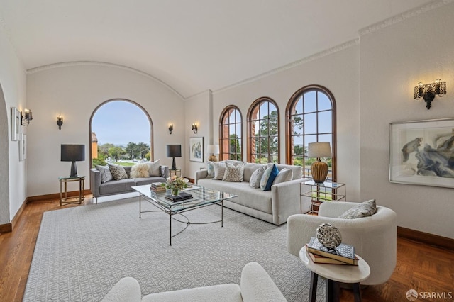 living area featuring baseboards and lofted ceiling