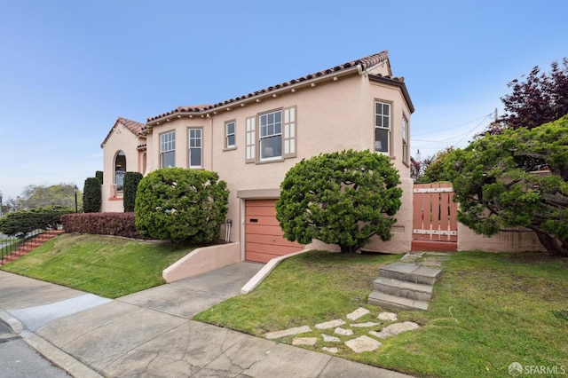 mediterranean / spanish home featuring concrete driveway, stucco siding, an attached garage, a tile roof, and fence