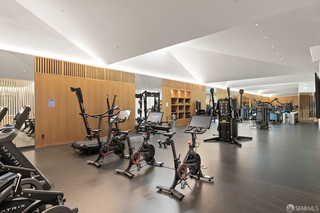 gym with lofted ceiling