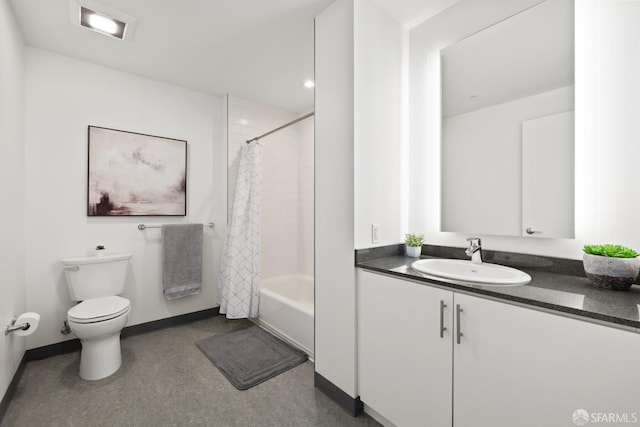 full bathroom with vanity, toilet, and shower / bathtub combination with curtain