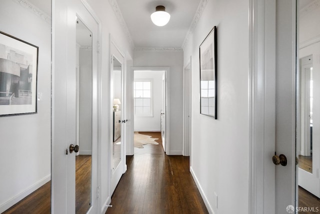 hall featuring dark hardwood / wood-style floors and ornamental molding