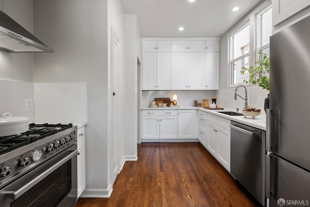 kitchen with stainless steel appliances, sink, exhaust hood, dark hardwood / wood-style floors, and white cabinetry