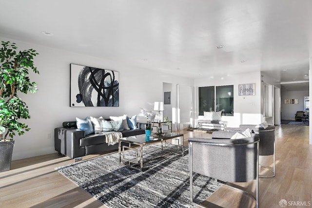 living room with electric panel and light hardwood / wood-style flooring