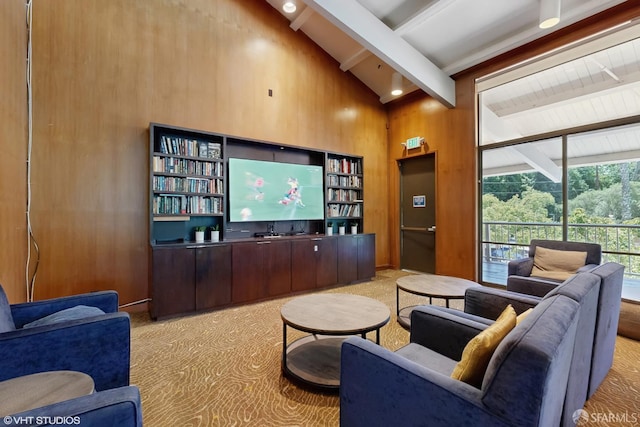 460 N Civic Dr Unit 317, Walnut Creek, CA 94596 - home theater with beam ceiling, high vaulted ceiling, and light colored carpet