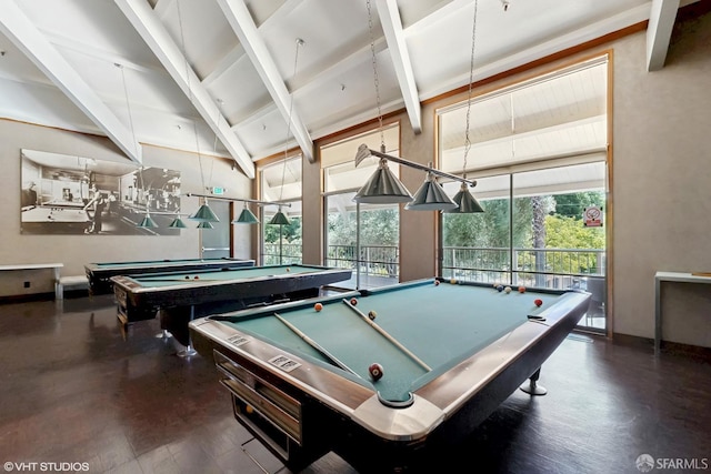 460 N Civic Dr Unit 317, Walnut Creek, CA 94596 - game room with pool table, high vaulted ceiling, beamed ceiling, and baseboards