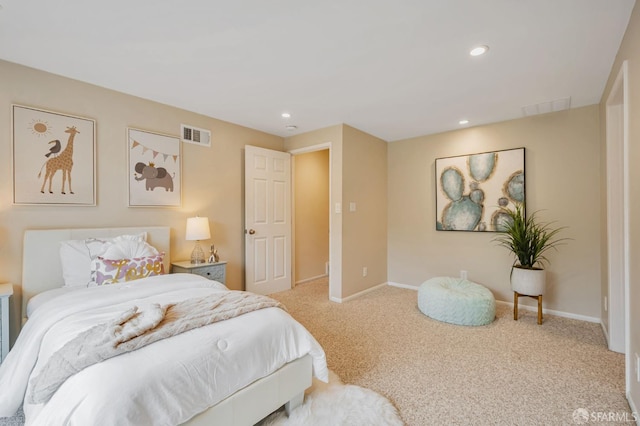 carpeted bedroom featuring recessed lighting, baseboards, and visible vents