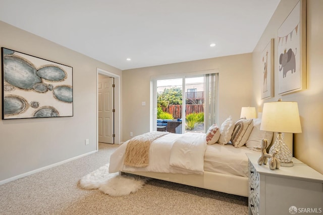 bedroom with light carpet, recessed lighting, baseboards, and access to outside