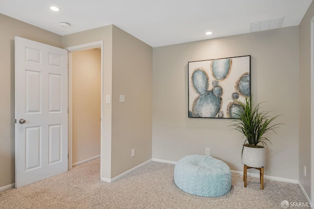 sitting room featuring recessed lighting, carpet flooring, baseboards, and visible vents